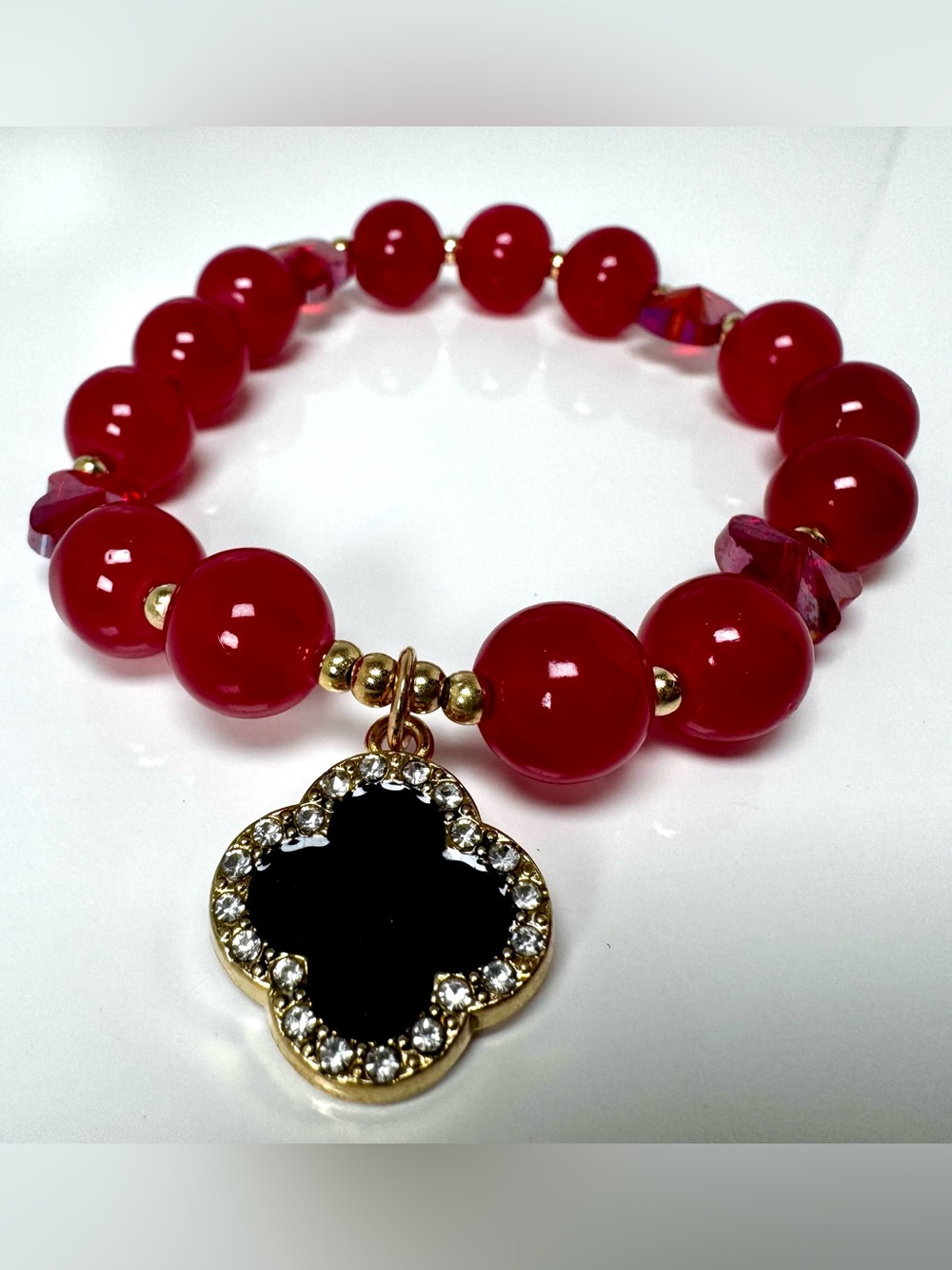 Red Beaded Stretch Bracelet with Black Crystal Clover Charm #1739